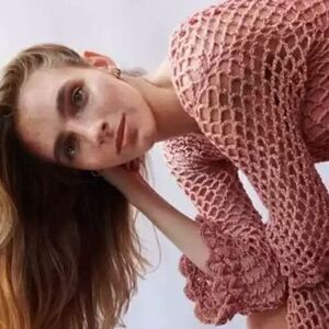 Ayni Pink Coral Crochet Knit Long Sleeve Maxi Dress Resort Swims Cover Up NWOT